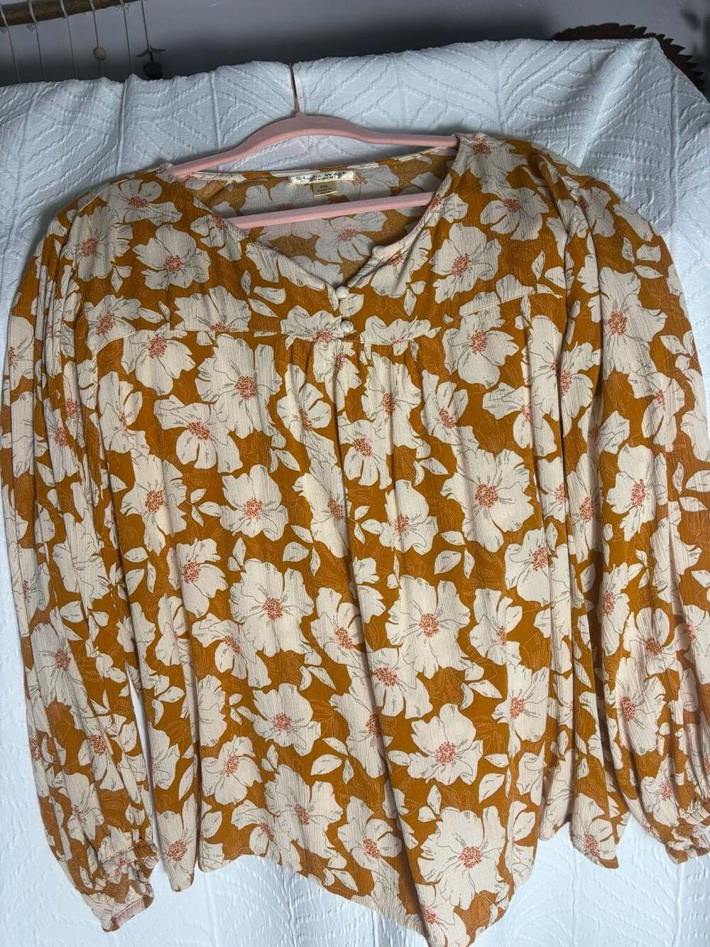 Studio West Apparel Blouse Size XXL Yellow Floral Long Sleeve Top